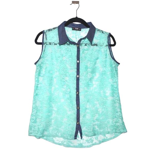 Turquoise Blue Green Lace Button Up Blouse Size Large - Picture 1 of 3